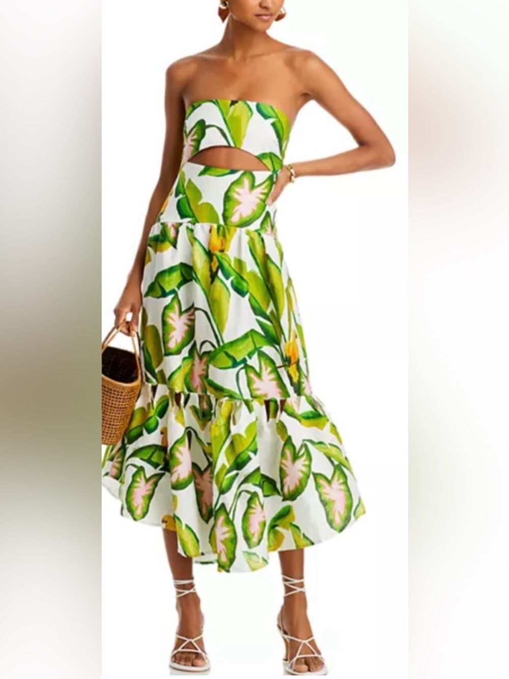 FARM Rio White Strapless Tropical Cutout Midi Dress with Green Leaf Print